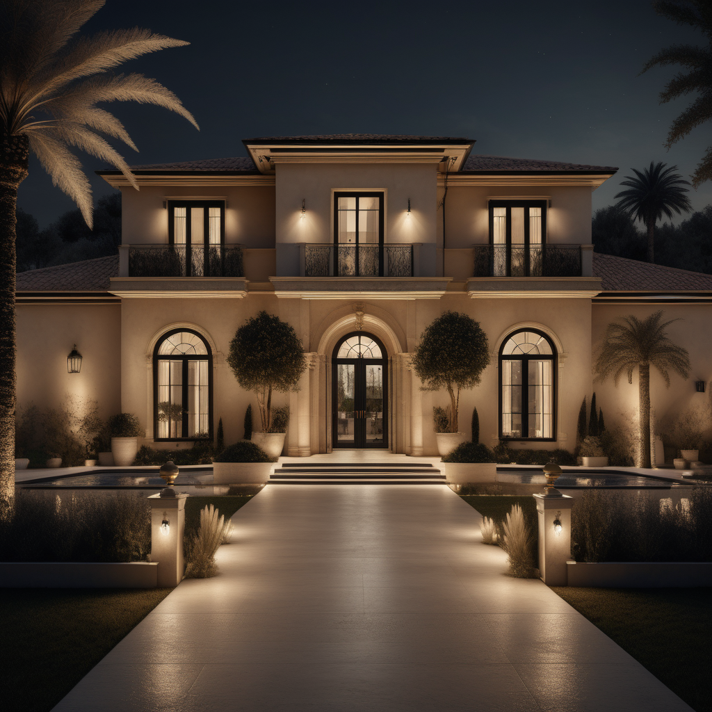 a hyperrealistic image of a grand Modern Meditteranean estate home; Beige, oak, brass, black colour palette; At night with mood lighting;
