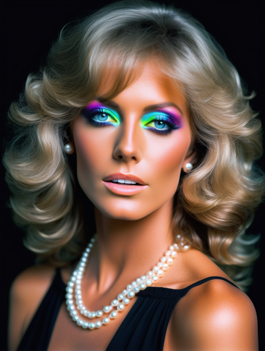 a close up of a nude woman with a black dress and a pearl necklace, perfect colorful eye shadows, inspired by farrah fawcett, perfect body face and hands, profile picture, images on the sales website, beautiful android woman, bright 
neon colour