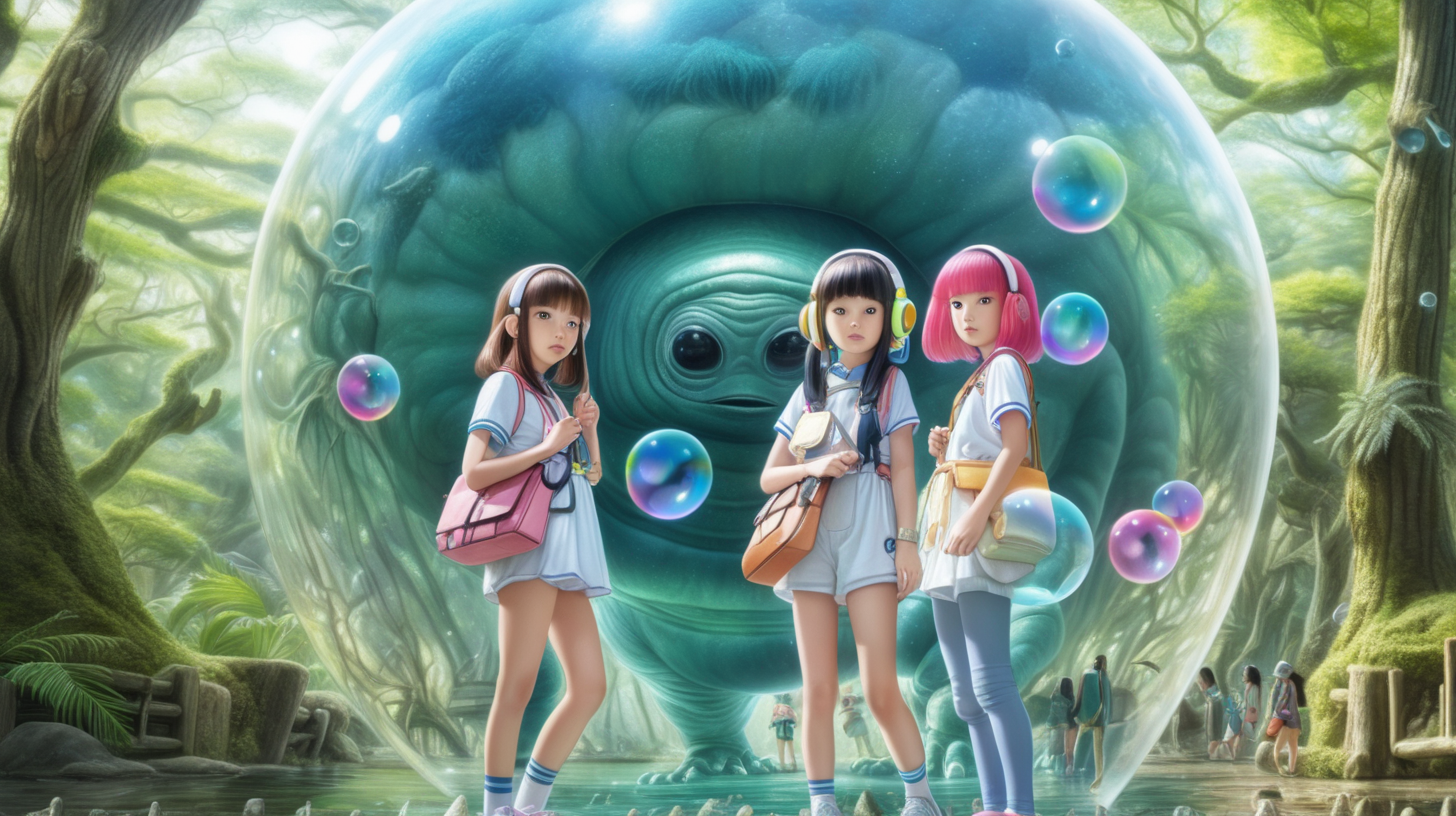 a pair of  japanese girls on a trip to a freaky alien wildlife preserve in bubble world