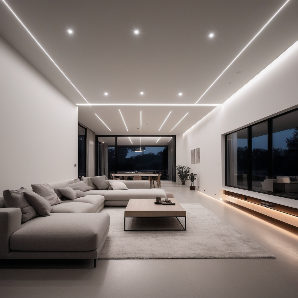 beatiful minimalistc house with lights all over. Now show the living room.