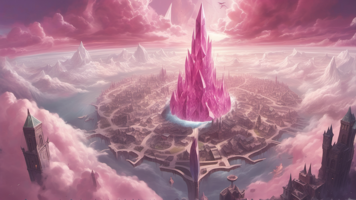 an overhead dungeons and dragons map, a huge dagger-shaped pink crystal floats in the clouds, and landmass surrounds the crystal, on the landmass is a medieval city