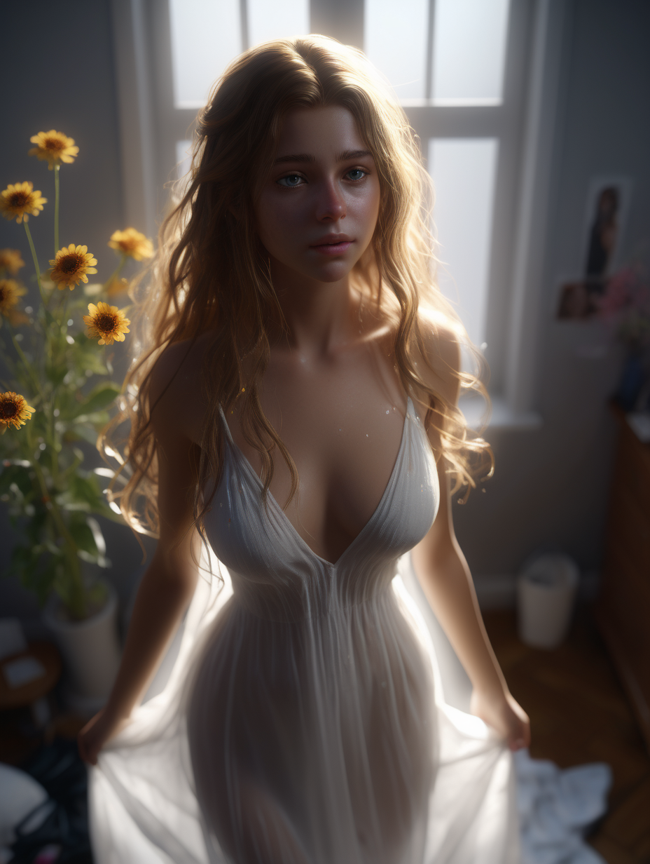 (backlit:1. 4) (volumetric:0. 9) lighting, (godrays:0. 8), best quality, masterpiece, highres, ultra-detailed, 22 year old girl. (messy:1. 3) hair she is wearing white flowing sheer dress. she is (glistening:0. 9) The light is coming from one soft box (directly:1. 1) from above her. <lora:SM_01> BDSM <lora:3DMM_V12> she is in her room with colorful flowers around her, (golden:0. 9) (small:1. 2) particles (floating:1. 1) in the (hazy:1. 3) air.