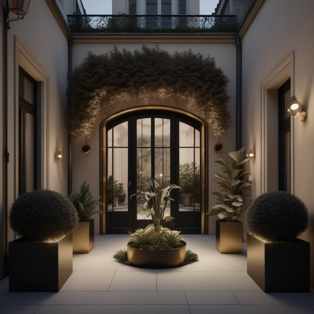 a hyperrealistic of an elegant Modern Parisian estate home courtyard with mood lighting and plants, in a beige oak brass and black colour palette 
