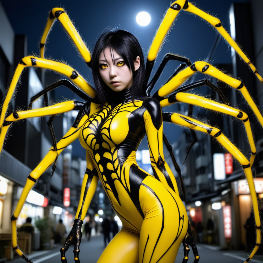 pretty Japanese woman mutant spider hybrid monster yellow