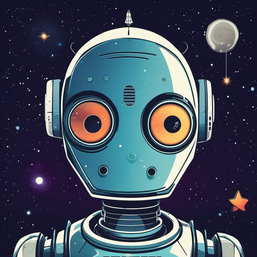 robot looking into the future space background with