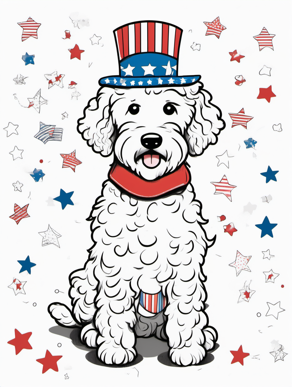 A cute goldendoodle in a whimsical 4th of July parade for a coloring book with black lines and white background