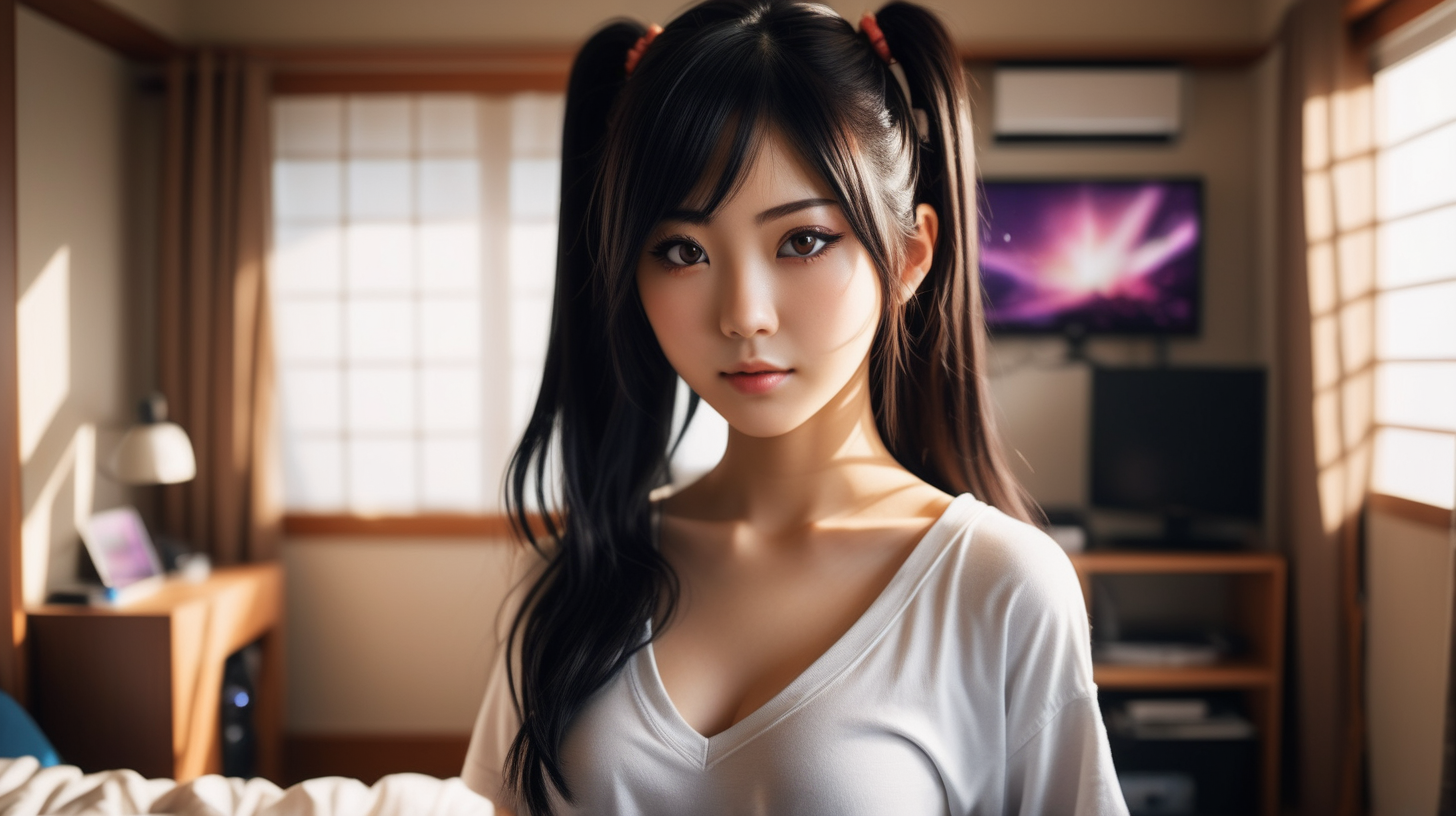 A 25 yo japan woman in a delightful afternoon. She is standing looking at the camera, in a gamer style bedroom. She wears a k-pop look nsfw. This photography is the best representation of female beauty, shiny dark hair, hazel eyes, big tits. Extremely realistic textures and warm colors give the final touch. Sharp focus and realistic shadows add to the scene.