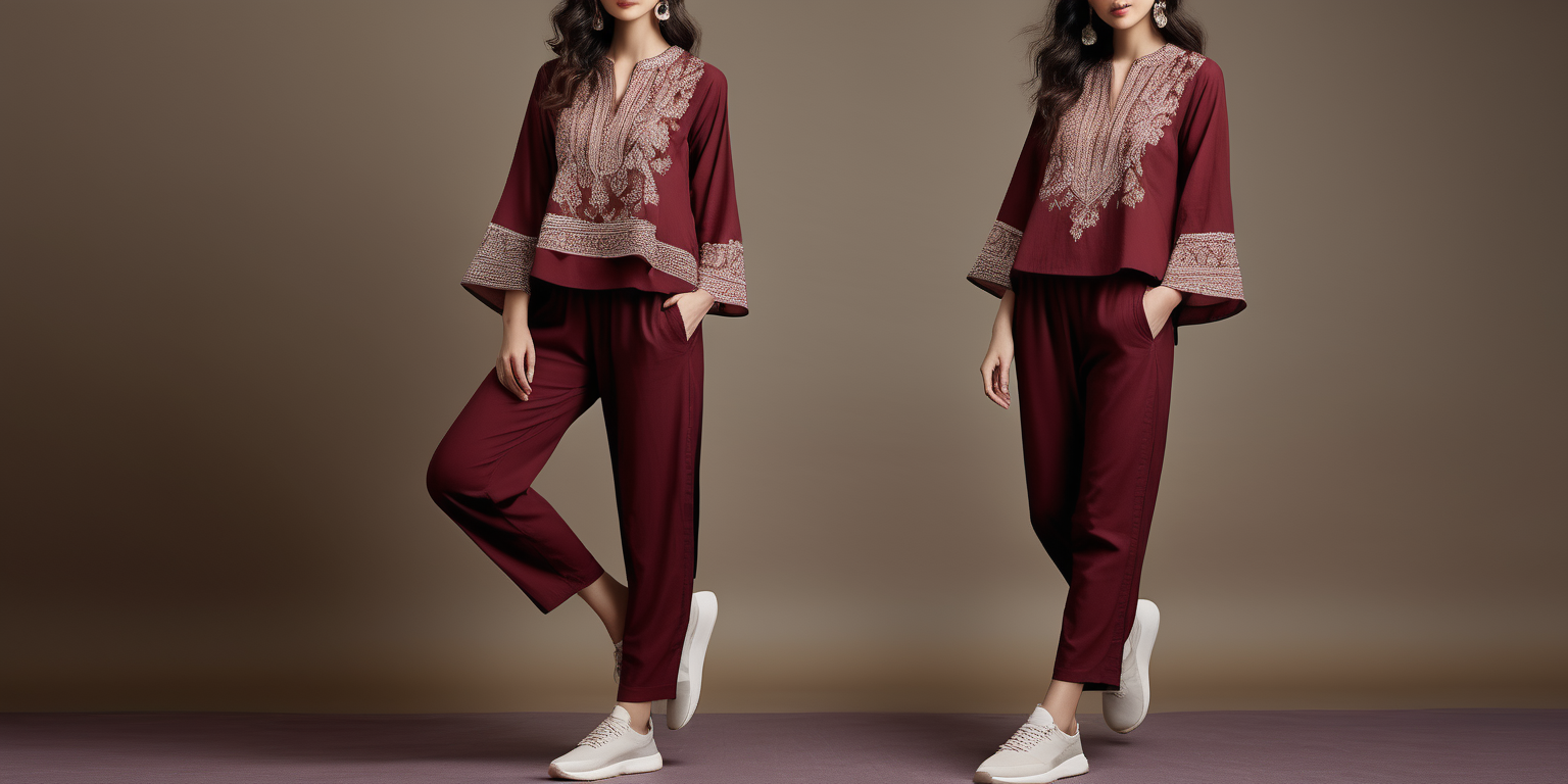women wearing  	claret red relax pant and blouse with beige ethnic embroidery , trouser legs with slits, black sneaker, full body, grey background, fashion detail, 35 mm photography, modern design 