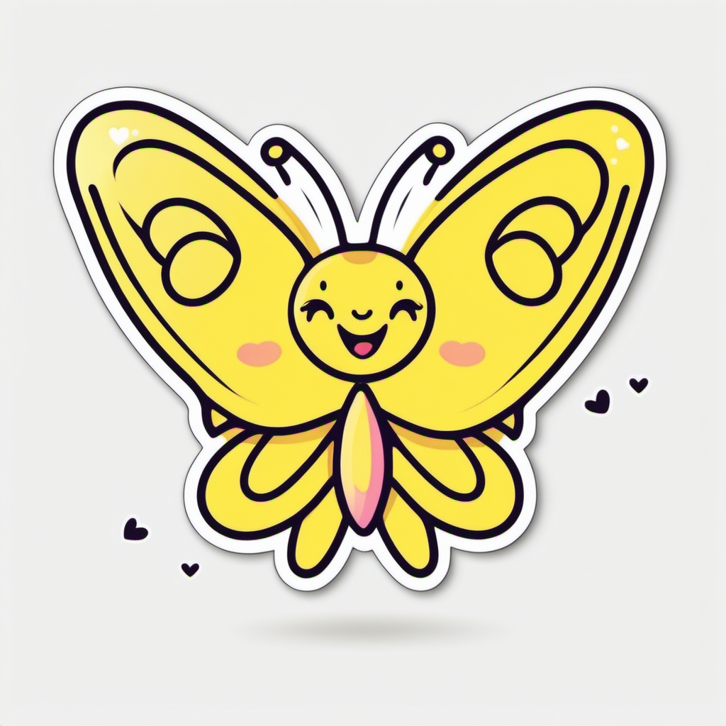  Sticker, Cute valentine yellow Butterfly with Heart-shaped Wings, kawaii, contour, vector, white 
background
