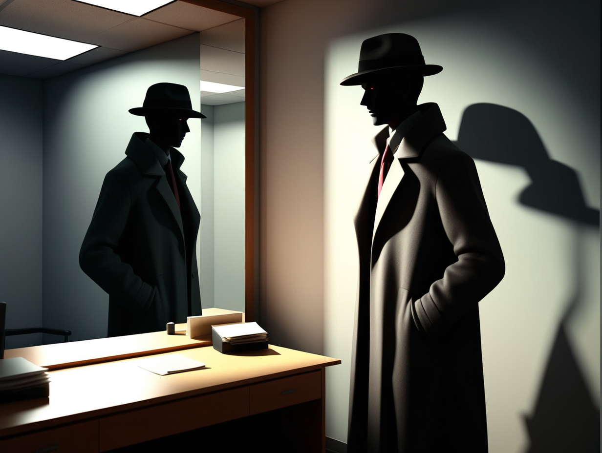 3d, shadow figure in a hat and coat, looking in mirror, mysterious, no gender, office building, low light 