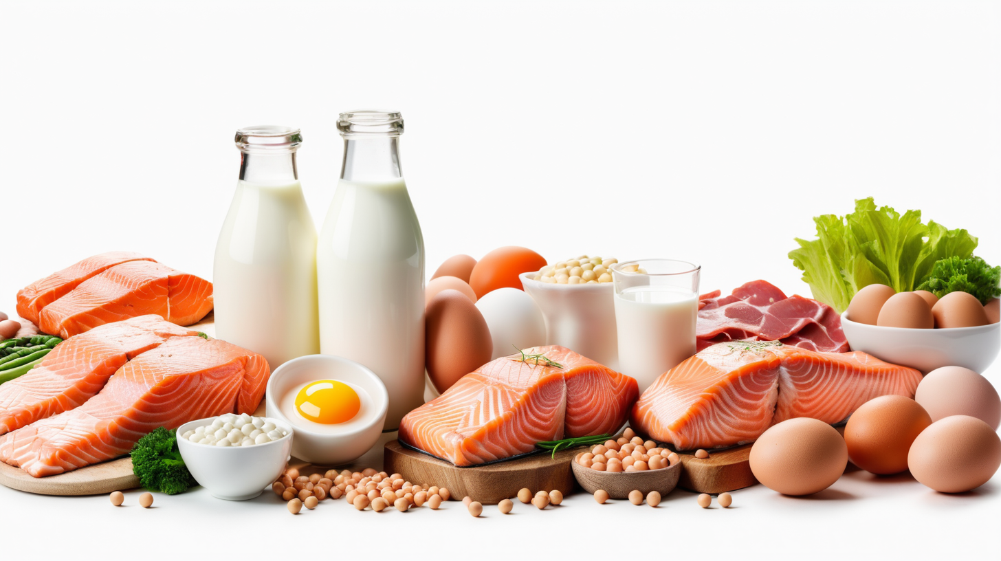 milk, meat, salmon, egg, chicken meat, soybean, vegetable, white background, photo shoot