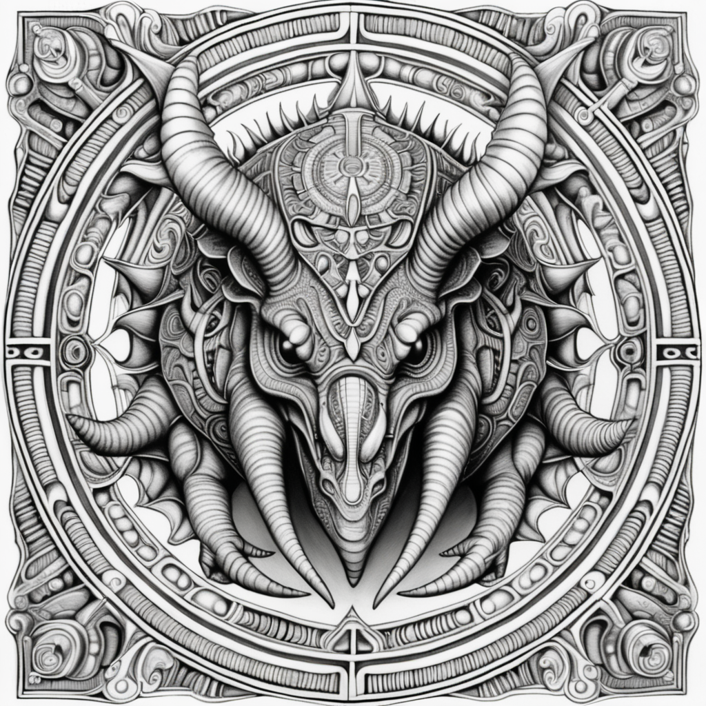 black & white, coloring page, high details, symmetrical mandala, strong lines, triceratops with many eyes in style of H.R Giger