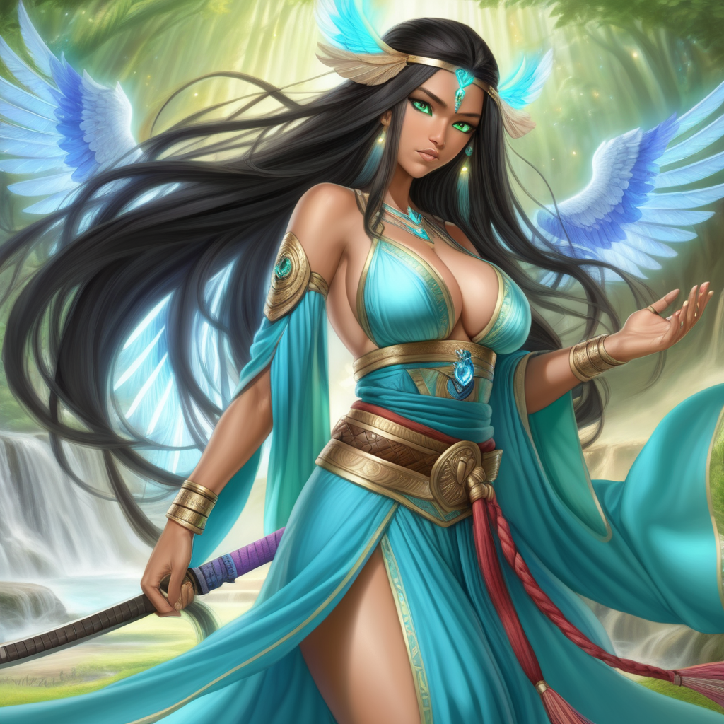 Seline the Goddess of light and love, and Crystal queen of indain decent, wings and rainbow power, samurai warrior and goddess with pure green blue eyes, black long hair to floor, powerful goddess of love, beautiful dress long, boobs, tan, thighs,