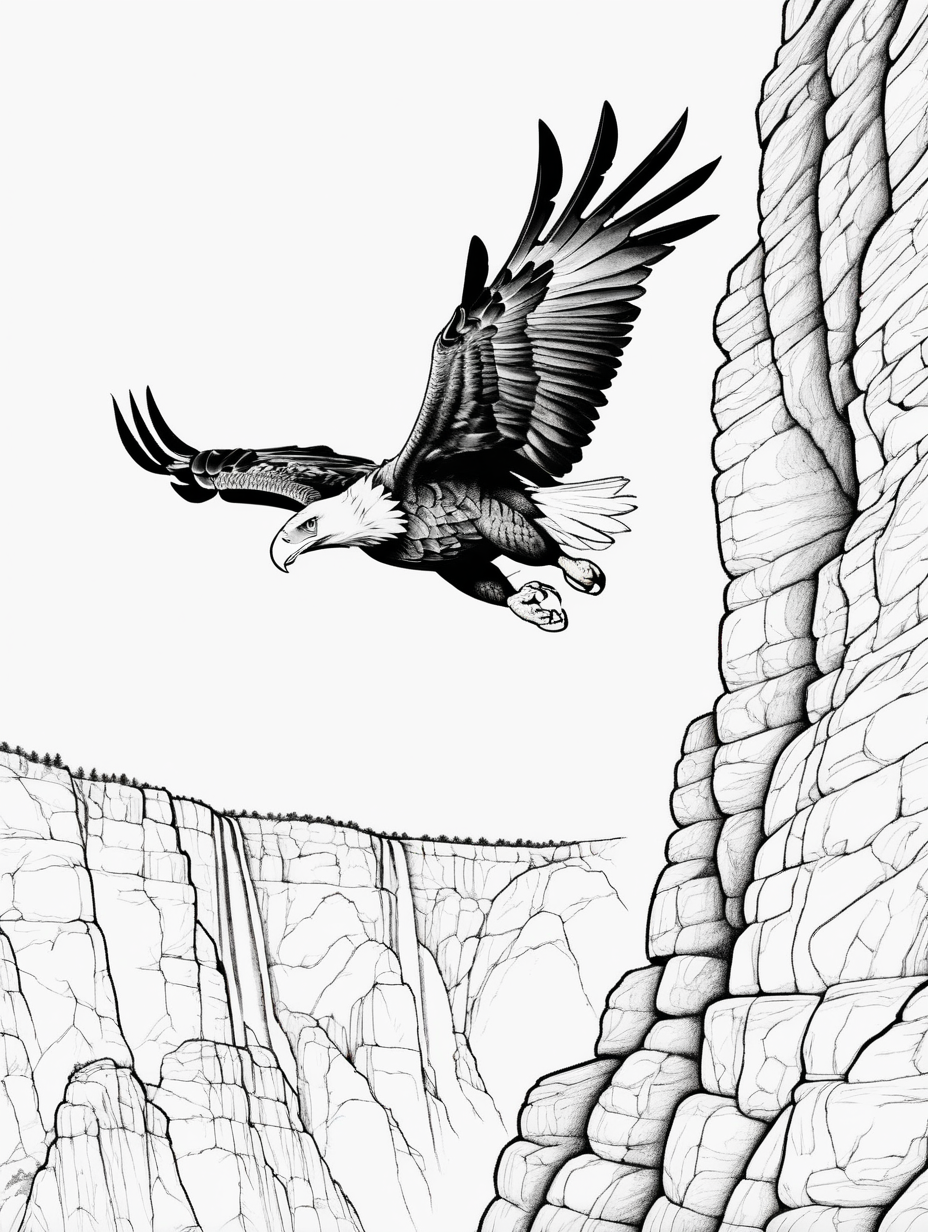 eagle flying near a side cliff, coloring page, low details, no colors, no shadows