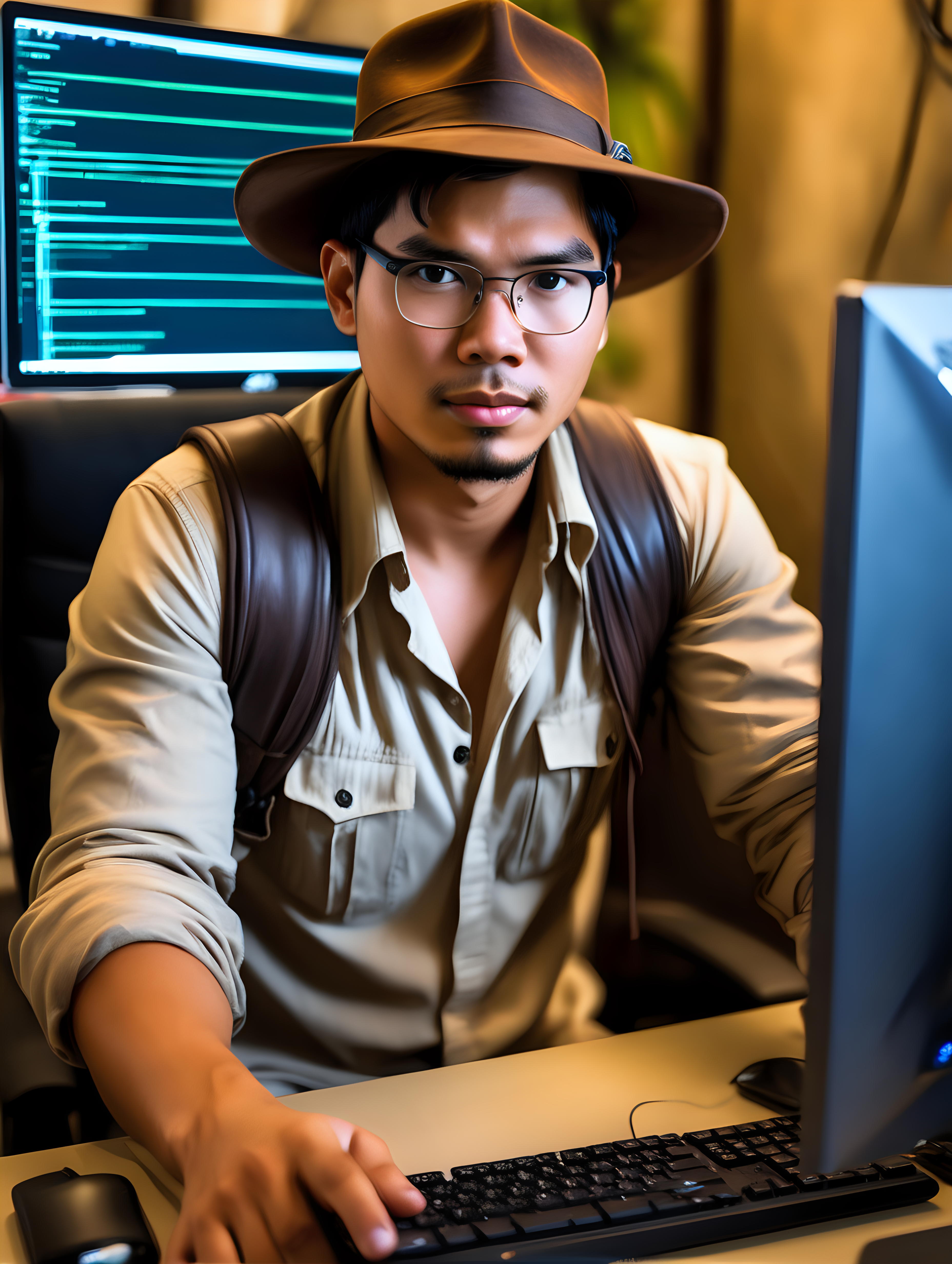Good looking filipino Software developer working at his computer dressed like indiana jones

