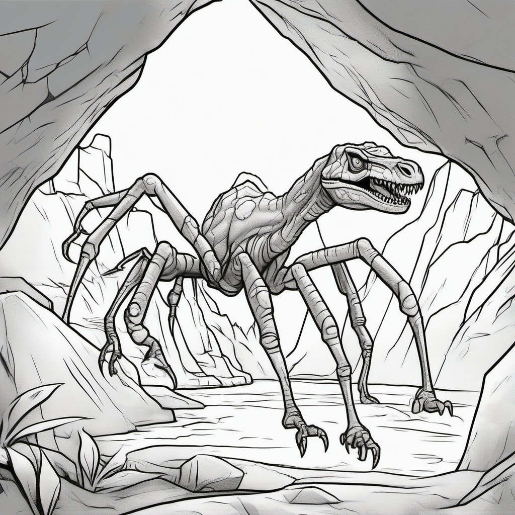 A dinosaur spider, in cave, coloring book pages