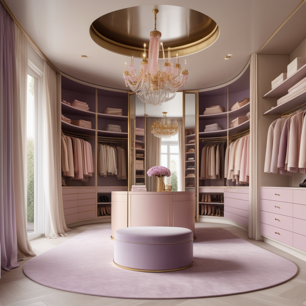 hyperrealistic image of large modern Parisian walk in closet with island and full length mirror, floor to ceiling windows, curves, beige, pink, lilac and brass colour palette, brass chandelier, sheer curtains