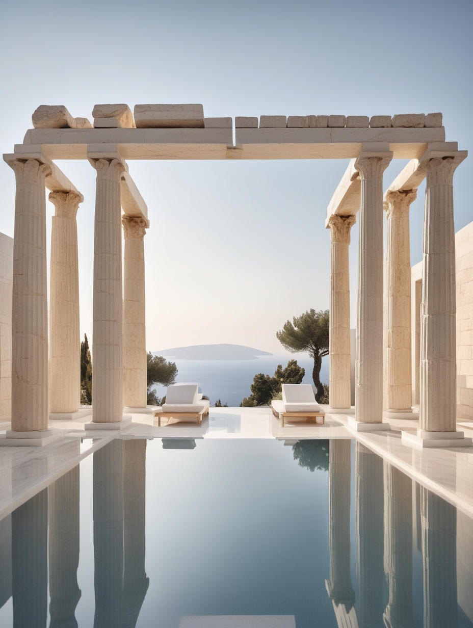A sleekly designed contemporary minimalistic Greek temple serving as a luxurious boutique hotel, featuring elegant decor and modern amenities that seamlessly blend with the ancient architecture