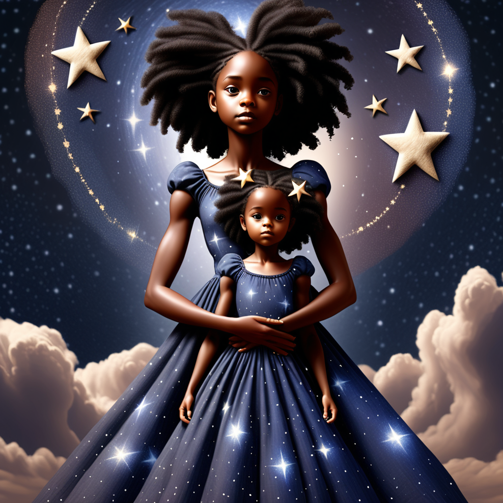 prompt: a black woman indigo child with a dress on helping the world with a black woman star seed child standing by her side helping  they are twins but different with stars all around them
 