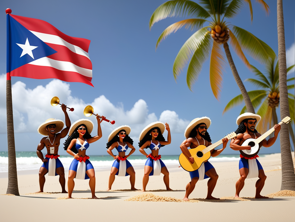 Puerto Rican flag on the beach with coconut trees around with men playing instruments and  women dancing 
