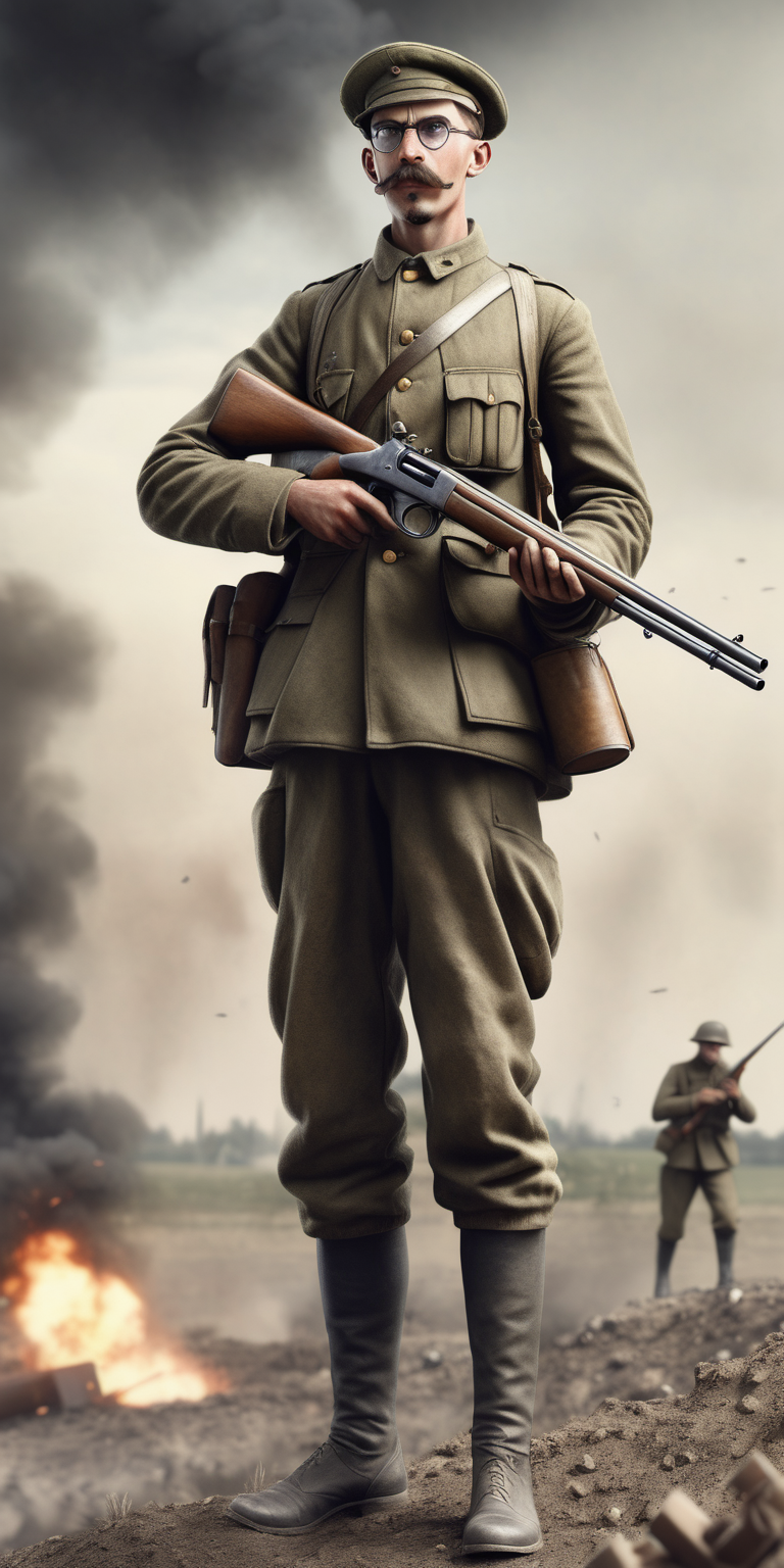 realistic skinny WW1 soldier with a goatee wearing glasses and holding a shotgun in battlefield