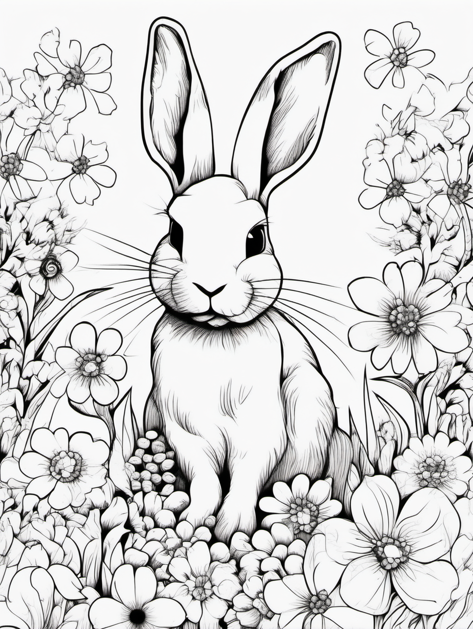 rabbit covered in flowers , simple draw, no colors, flower background