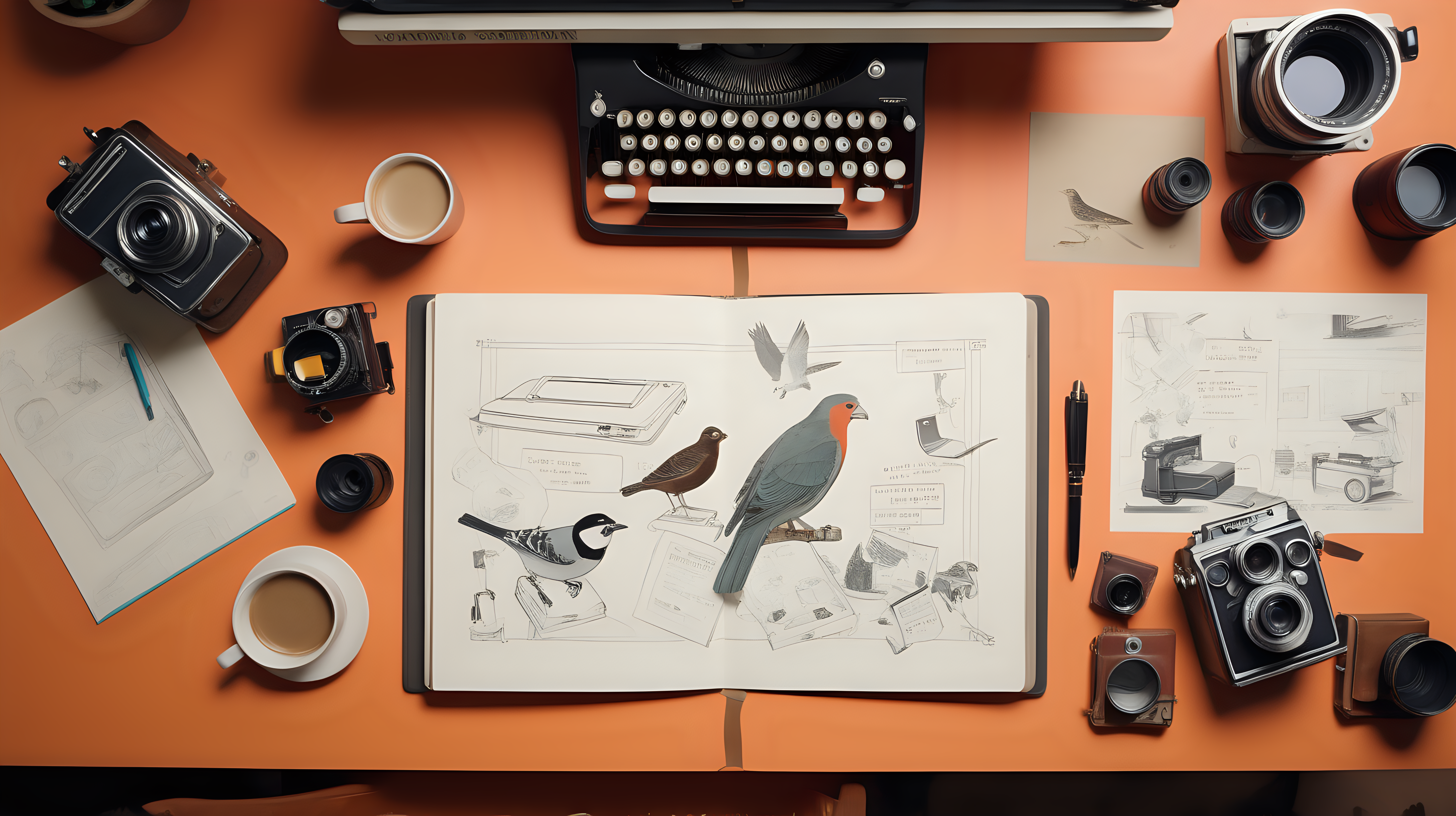 Wide shot of desktop with a large sketchpad in the center. Around the sketch pad are a coffee cup, typewriter, film camera and birdwatching manual in the style of a wes anderson film. Camera looking down on desktop from above.