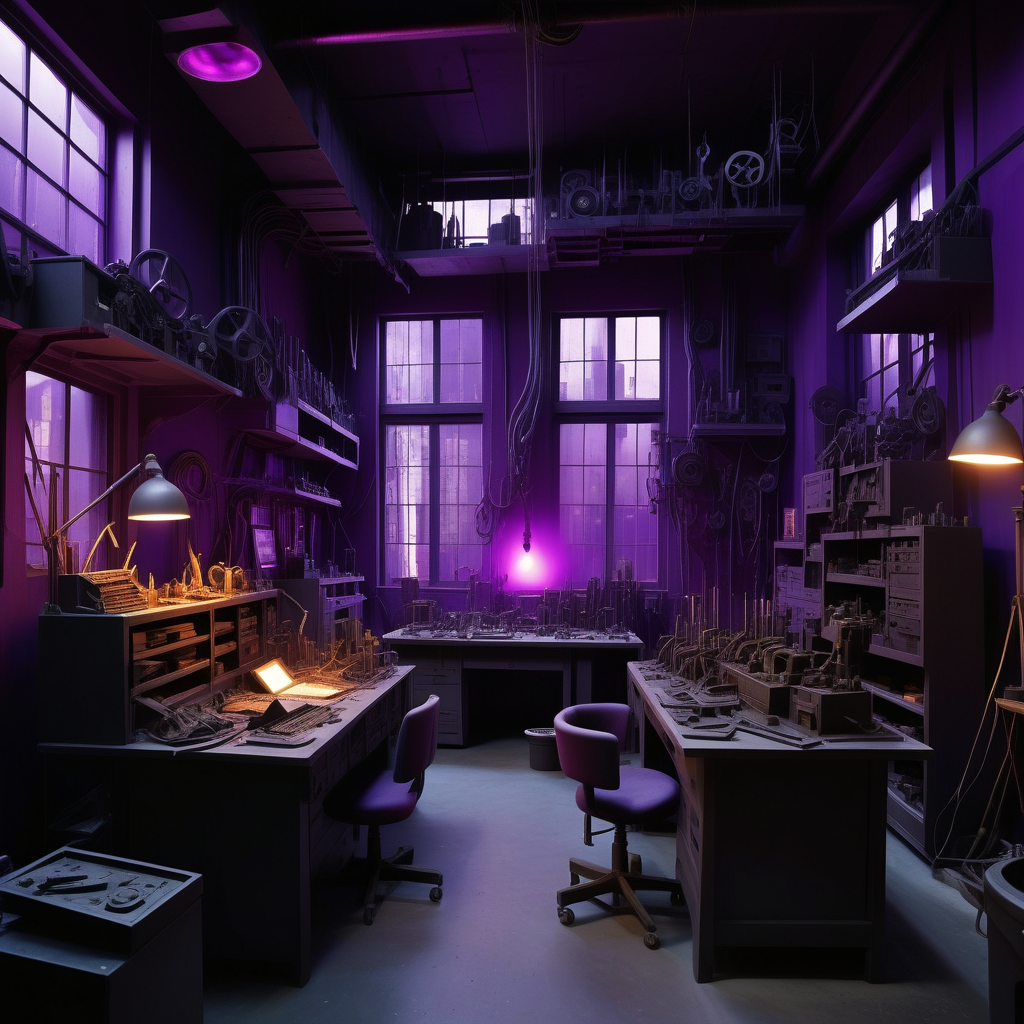 Evoke an image of a vibrant workshop nestled within a dystopian cityscape. The room is awash in a deep purple glow, casting an enigmatic and entrancing aura. Within this workshop, an assortment of mechanical devices, small trinkets, and well-worn iron tools creates a dazzling, almost surreal spectacle of color. The deep purple lighting accentuates these vibrant elements, imbuing them with a rich, captivating radiance. There's no place for screens or digital distractions here; the workshop celebrates its raw, lively, and well-lived character. It's a haven where creativity flourishes amid the dynamic, kaleidoscopic chaos of the urban backdrop.