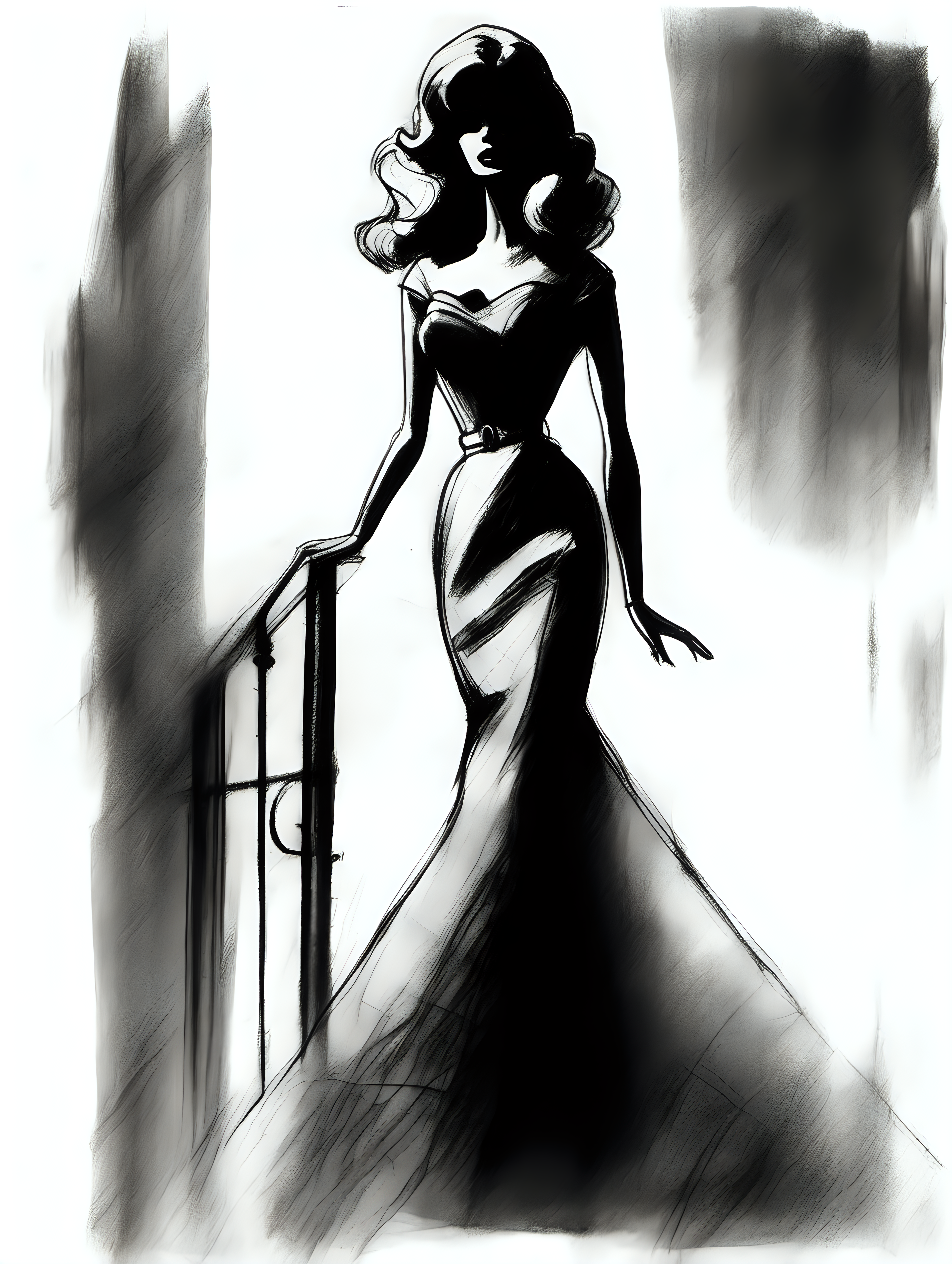 ROUGH MESSY ARTISTIC SKETCH OF A CLASSIC BARBIE DOLL. FILM NOIR SILOUETTE STYLE. HAND-SKETCHED. CHARCOAL, GRAPHITE AND LEAD PENCIL. 