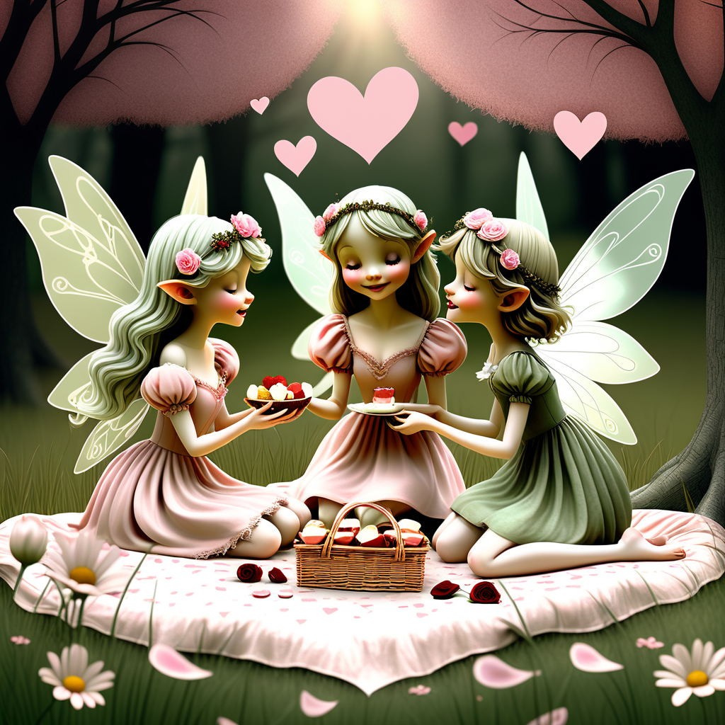 Whimsical Fairy Valentine's Picnic" captured in a charming digital illustration inspired by the grace of Arthur Rackham. Fairies, adorned in romantic attire, gather in a sunlit meadow amidst heart-shaped petals, exchanging valentine wishes. The color palette features soft pinks and greens, evoking a dreamy atmosphere. Facial expressions range from shy smiles to tender gazes, conveying the magic of love. --v 5 --stylize 1000