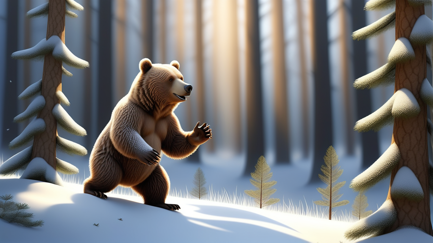 В лесу зима,  солнце светит ярко на синем небе, падает снег , снежинки кружатся в воздухе и ложатся на деревья высокие сосны, ели, дубы  и  на землю, образуют огромные сугробы. бегут  много разных зверей: 
 бурые и коричневые медведи, все они оставляют свои следы