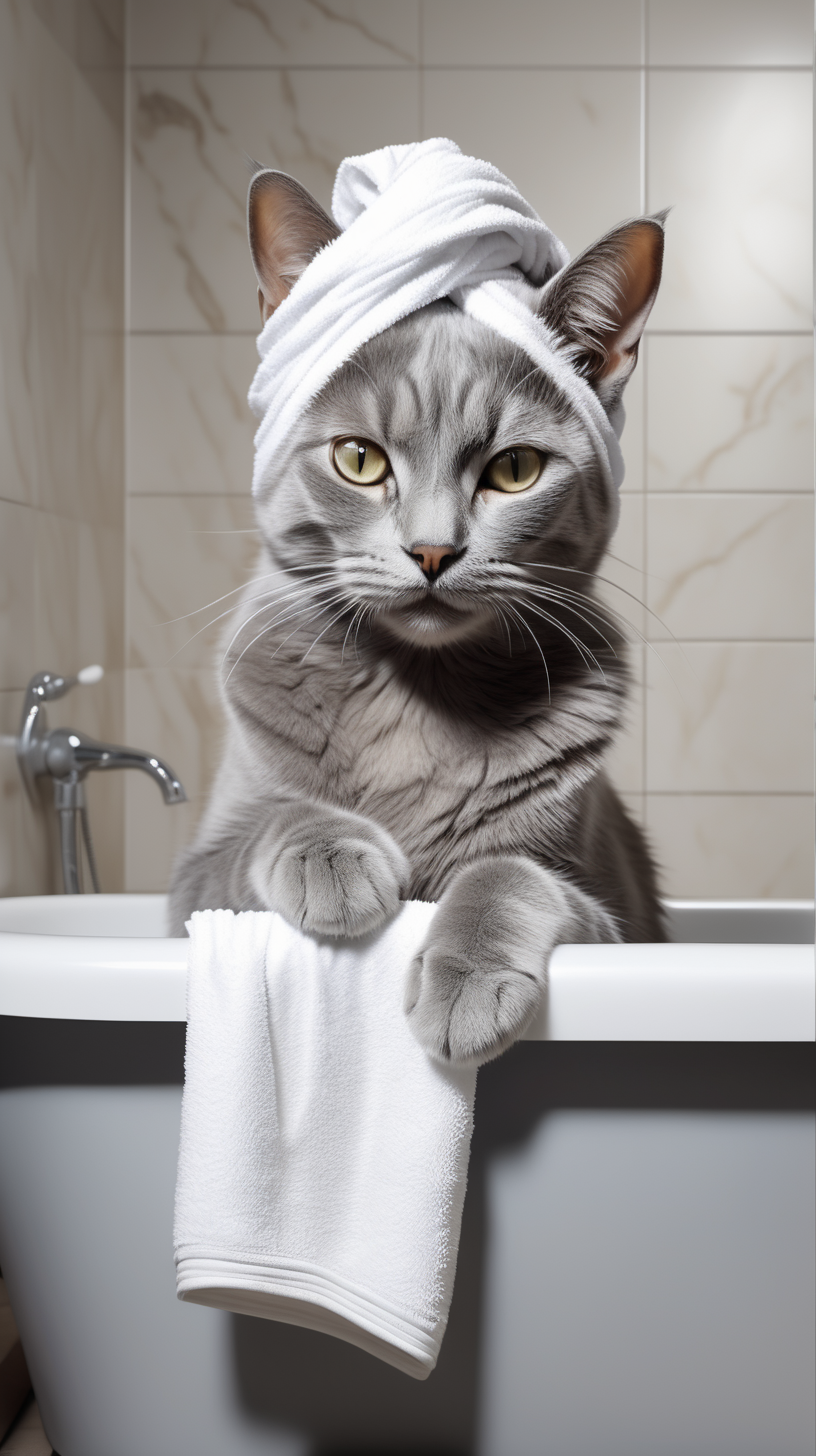Niedliche elegante graue Katze, die ausgestreckt in einer Badewanne liegt, so dass ihre Hinterbeine von der Wanne aus zu sehen sind, mit einer ((weißen)) Schönheitsmaske auf dem Gesicht, mit einem Badetuch auf dem Kopf, Fotorealismus, Hyperrealismus