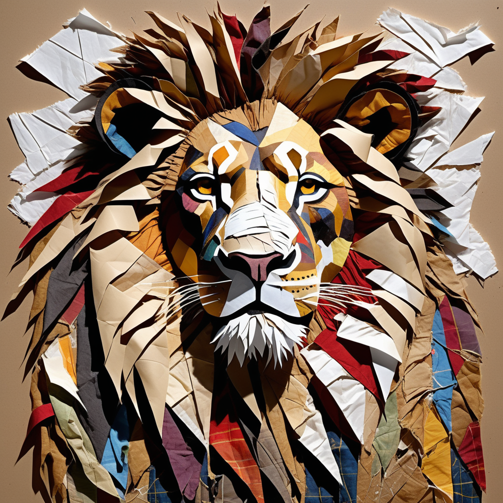 A unique artistic portrait nicely depicts a lion, built entirely from many torn pieces of cloth and paper have different textures and colors each other, demonstrating the complex patchwork of torn fabric and crumpled paper. Fabric and paper must appear torn and wrinkled as is, with frayed edges and curved. Simple and straightforward background Highlight the detailed structure of the figure. The overall tone of the image is bright Creative and surreal X --ar 5:7 --v 5.2