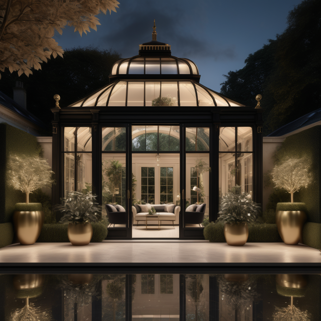 a hyperrealistic of an elegant Modern Parisian estate home conservatory with mood lighting,overlooking the pool and lush gardens, in a beige oak brass and black colour palette 
