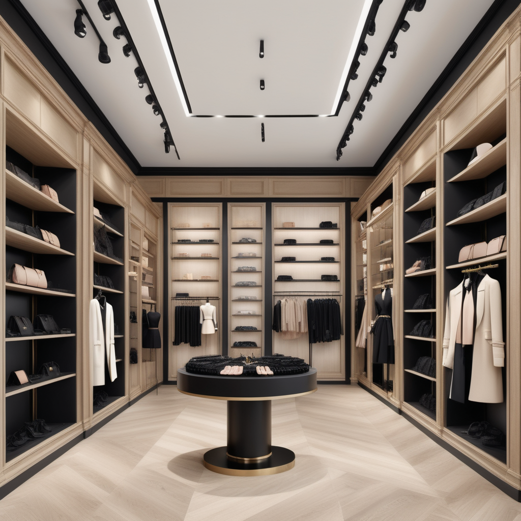 A hyperrealistic image a grand elegant feminine Modern Parisian womens concept store interior  in a beige oak brass and black colour palette with floor to ceiling windows and, shelves and displays stocked with beautiful elegant clothing and accessories and beauty supplies 