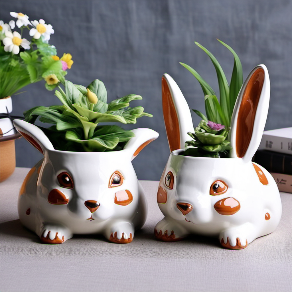  陶瓷 兔子 花盆