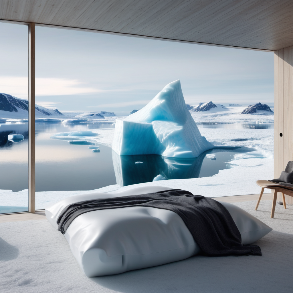 Take square giant ice berg in the water and sculp a big minimalistic house, there is big panoroma windows, big terrace with spa, this is in greenland and you can see montains arround, now shoe the bedroom inside the house