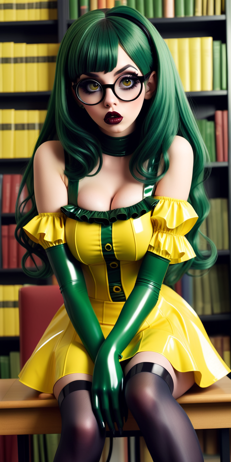 Anime woman with dark green hair and large lips with dark lipstick and heavy makeup wearing a shiny and frilly yellow latex dress, stockings, Mary Jane heels, and glasses. Vacant expression. Sitting in a library.
