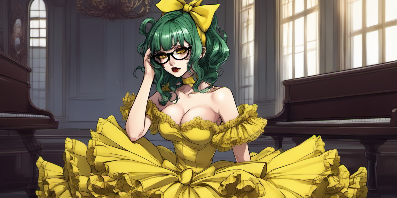 Anime woman with dark green hair and large lips with glossy dark brown lipstick and heavy makeup wearing a frilly yellow ball gown, black stockings, glossy yellow heeled mary jane shoes, lots of bows and lace, wearing glasses. Nervous expression. Sitting nervously in an empty ballroom 