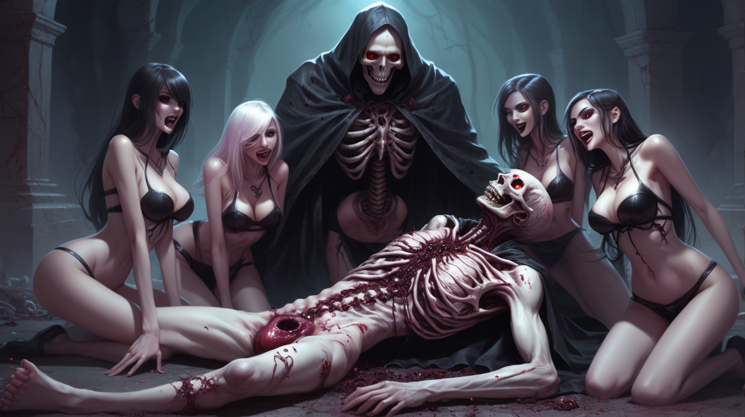 A writhing man on the ground surrounded by sexy necromancer girls. His heart has become a grub and is coming out of his chest.