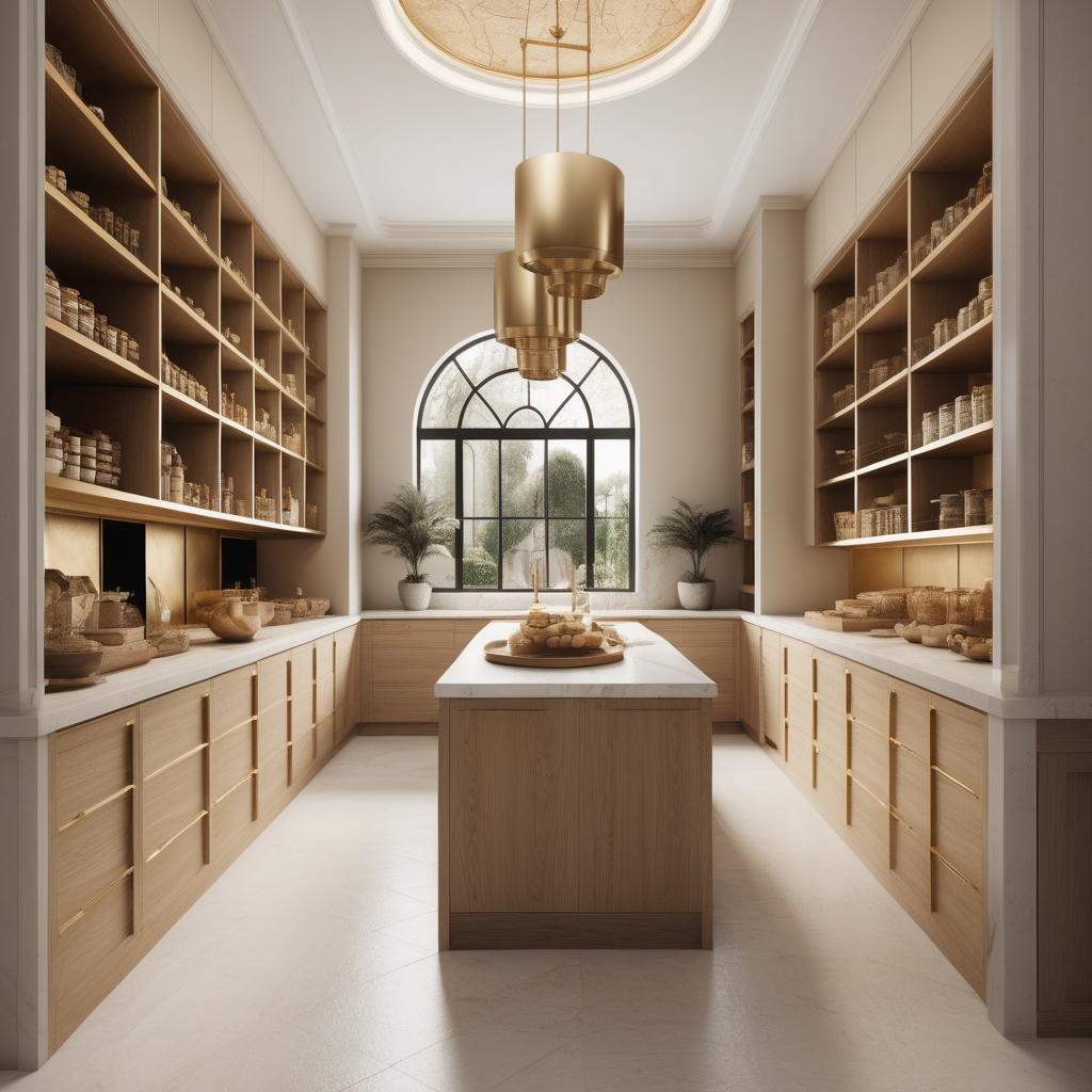 a hyperrealistic image of a grand modern estate home butlers  pantry inspired by Jerusalem; Beige, oak, brass colour palette; 
