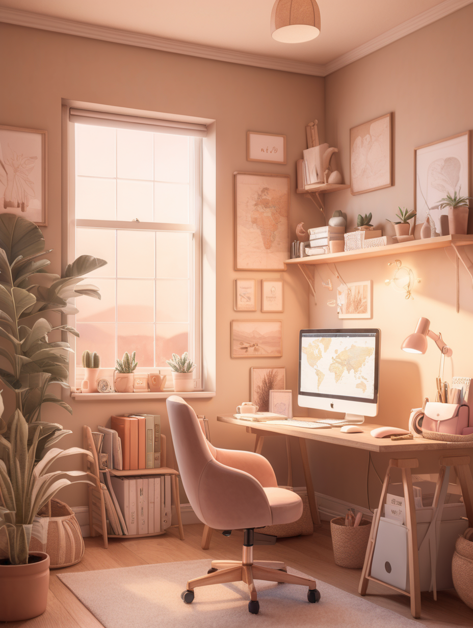 cozy home office in soft muted earth tones, sunny, warm lighting, anime, lofi, pastel