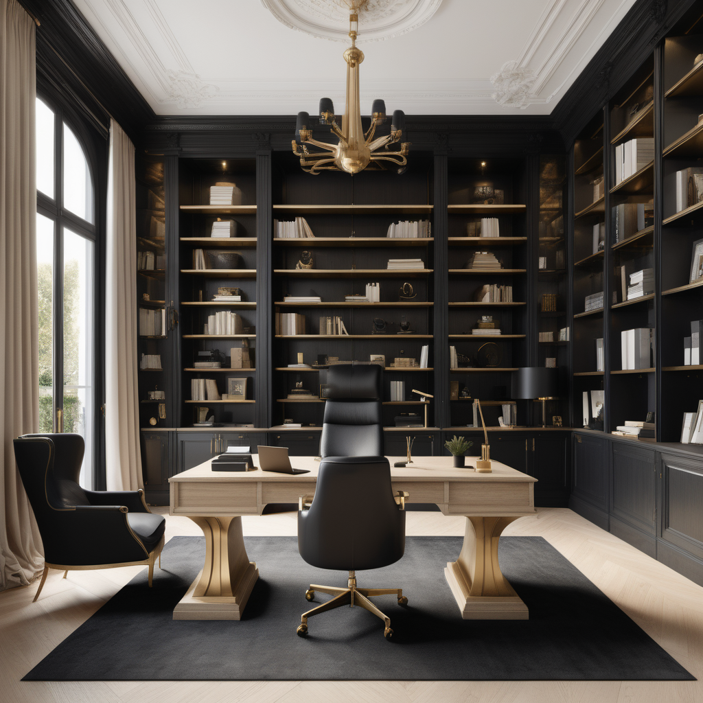 A hyperrealistic image of a grand, large,  Modern Parisian home office in a beige oak brass with accents of  black colour palette, with floor to ceiling windows, floor to ceiling bookshelves,