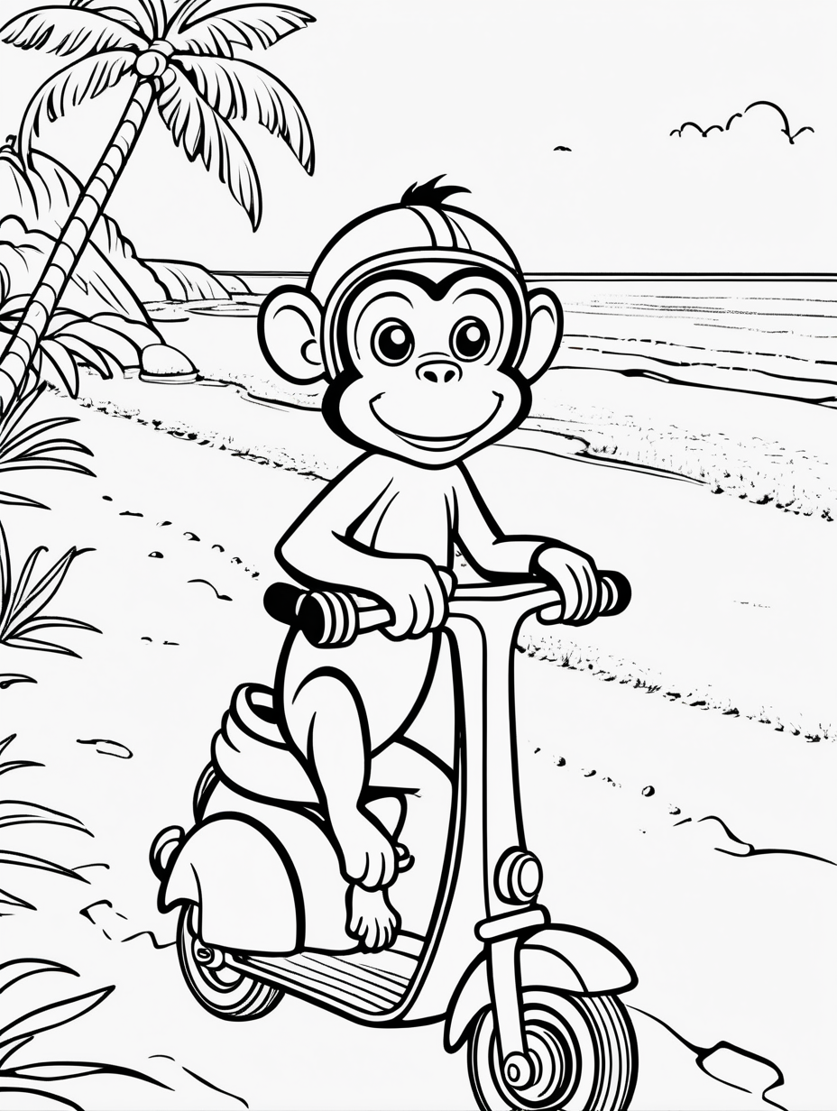 simple colouring page for kids, Monkey on a Scooter, background beach footpath, clean line art, --HD--AR 1:1.41
