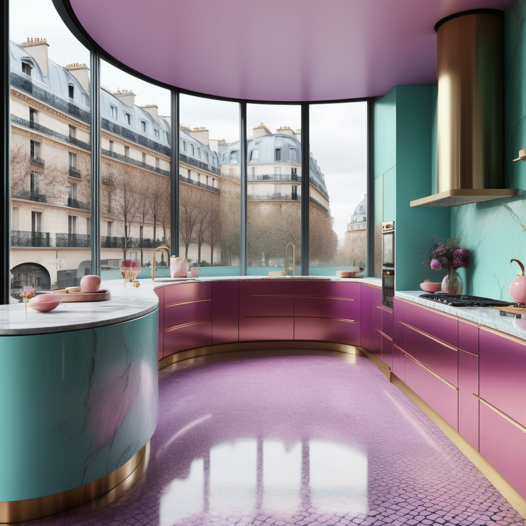 hyperrealistic image of modern Parisian kitchen, floor to ceiling windows, curves, pink, aqua, peurple and brass colour palette