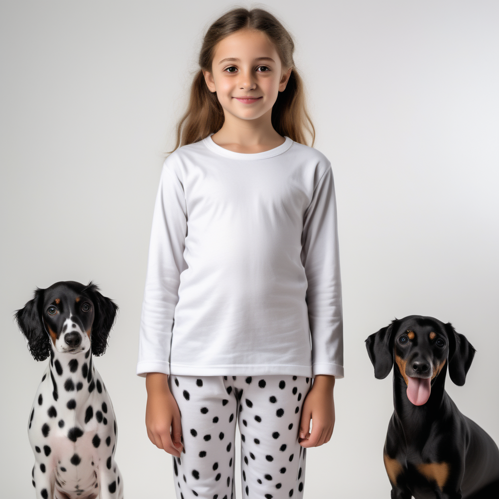 “Perfect Facial Features photo of a 10 year old girl standing in  white cotton tshirt pyjama (no print, long  tight cuff sleeves, loose long pants), surrounded by dogs ( dalmetion, poodle, weinerdog, , no background, hyper realistic, ideal face template, HD, happy, Fujifilm X-T3, 1/1250sec at f/2.8, ISO 160, 84mm”