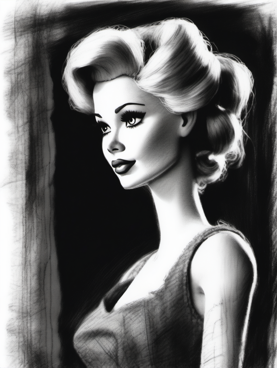 ROUGH MESSY ARTISTIC SKETCH OF A CLASSIC BARBIE DOLL. FILM NOIR SILOUETTE STYLE. HAND-SKETCHED. CHARCOAL, GRAPHITE AND LEAD PENCIL. 