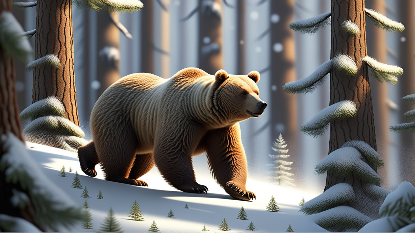 В лесу зима,  солнце светит ярко на синем небе, падает снег , снежинки кружатся в воздухе и ложатся на деревья высокие сосны, ели, дубы  и  на землю, образуют огромные сугробы. бегут  много разных зверей: 
 бурые и коричневые медведи, все они оставляют свои следы