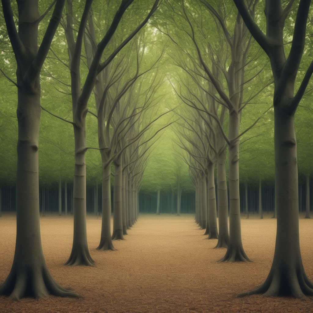 Create a picture of a grove of trees and one of the trees is missing branches