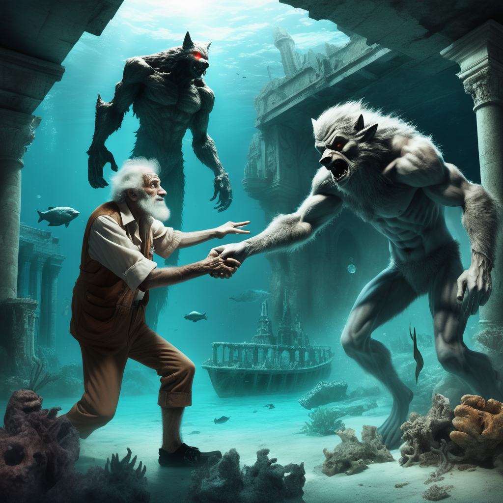  a kind Wolfman  reach out  a helping  hand toward  a sick lost old man.  In background the deep underwater city's  ruins of Atlantis